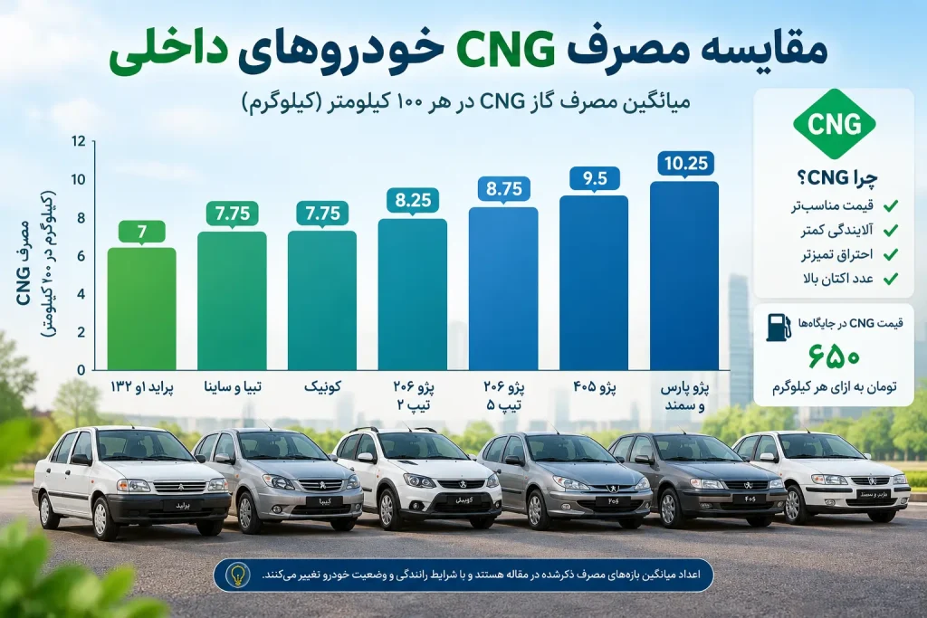 جدول مصرف سوخت CNG در خودروهای داخلی